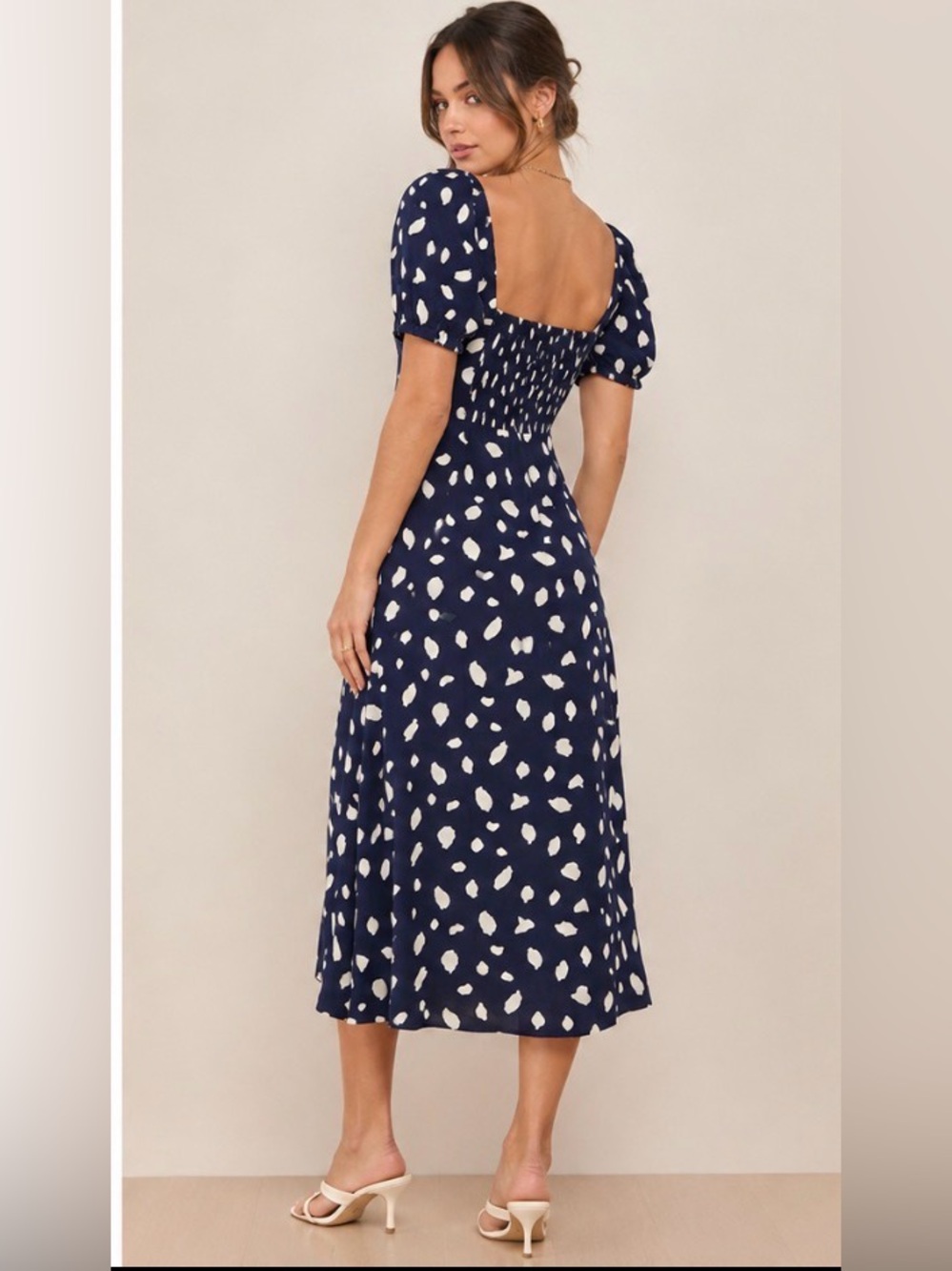 Reformation Zippy Dress Navy White Abstract Print Puff Sleeve Midi Dress Size 4P - Picture 2 of 16